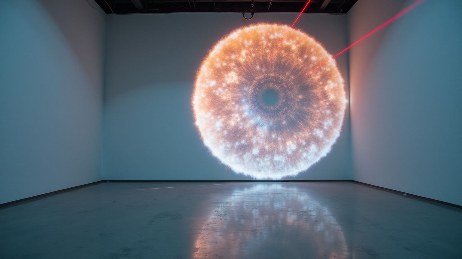 A laser projecting a drop of pond water onto a gallery wall